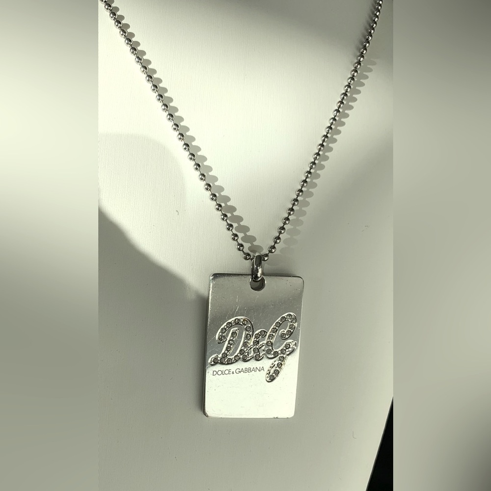 Dolce & Gabbana/D&G Dog Tag Necklace with Crystals, Silver-tone; Used; Unisex